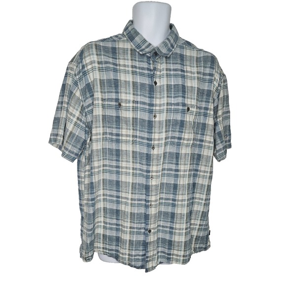 KÜHL Men's XXL Linen Blend Plaid Shirt Blue Gray Short Sleeve Outdoor Casual‎ - Picture 1 of 9